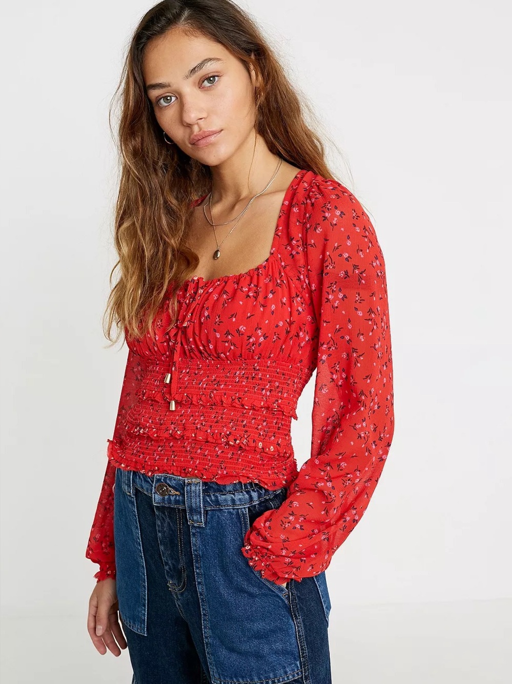 Free People Red Floral Smocked Crop Top XS Boho Peasant Long Sleeve Tie Front